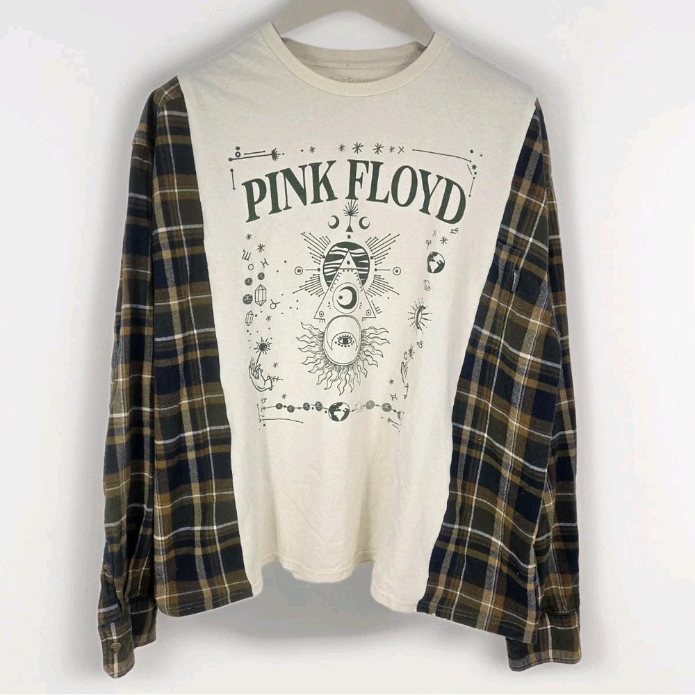 Upcycled Pink Floyd Tee Shirt With Flannel Long Sleeves Oversized / Plus Size